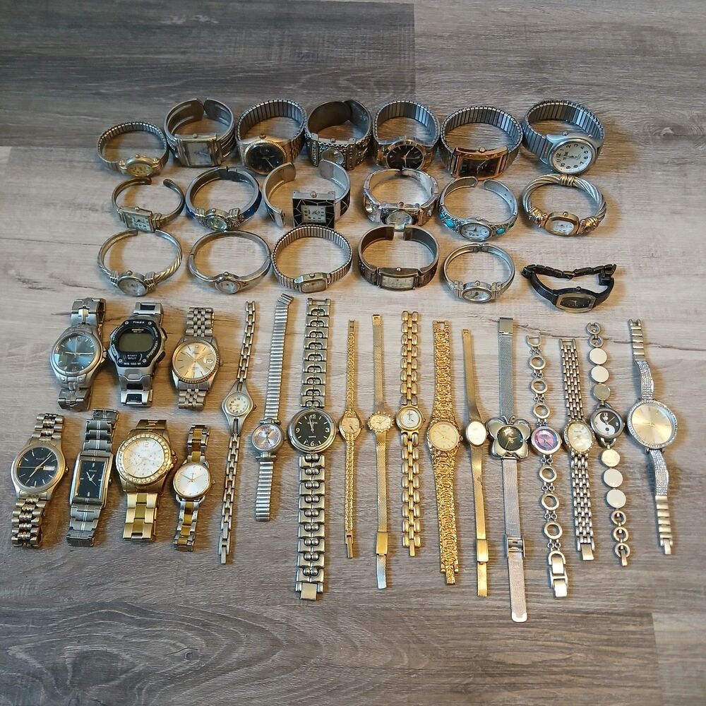 Lot 35+ Watches Parts/Repair ALL Metal Timex Pulsar Waltham Rumours Fossil Guess